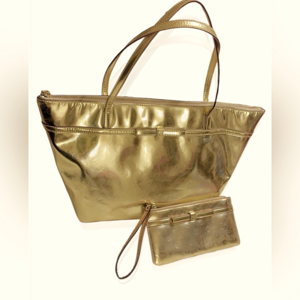 Kate Spade Gold Mirrored Embossed Thermoplastic Tote & Wristlet Bag  18” x 11”